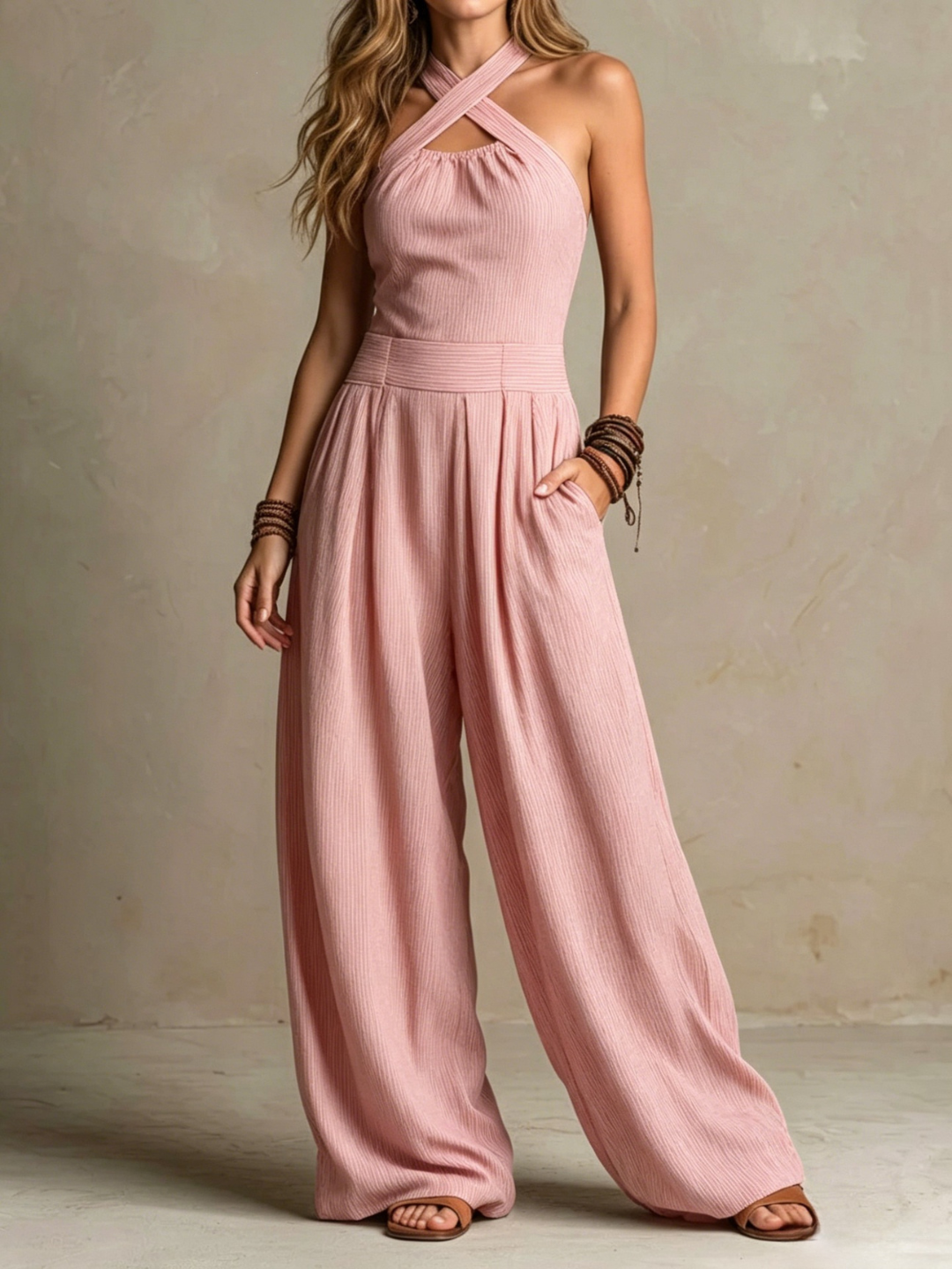 Giulia  Boho Charcoal Crisscross Halter Pinstripe Wide-Leg Jumpsuit