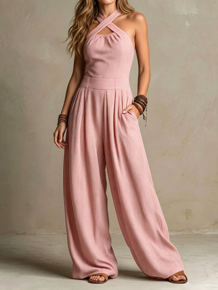 Giulia  Boho Charcoal Crisscross Halter Pinstripe Wide-Leg Jumpsuit