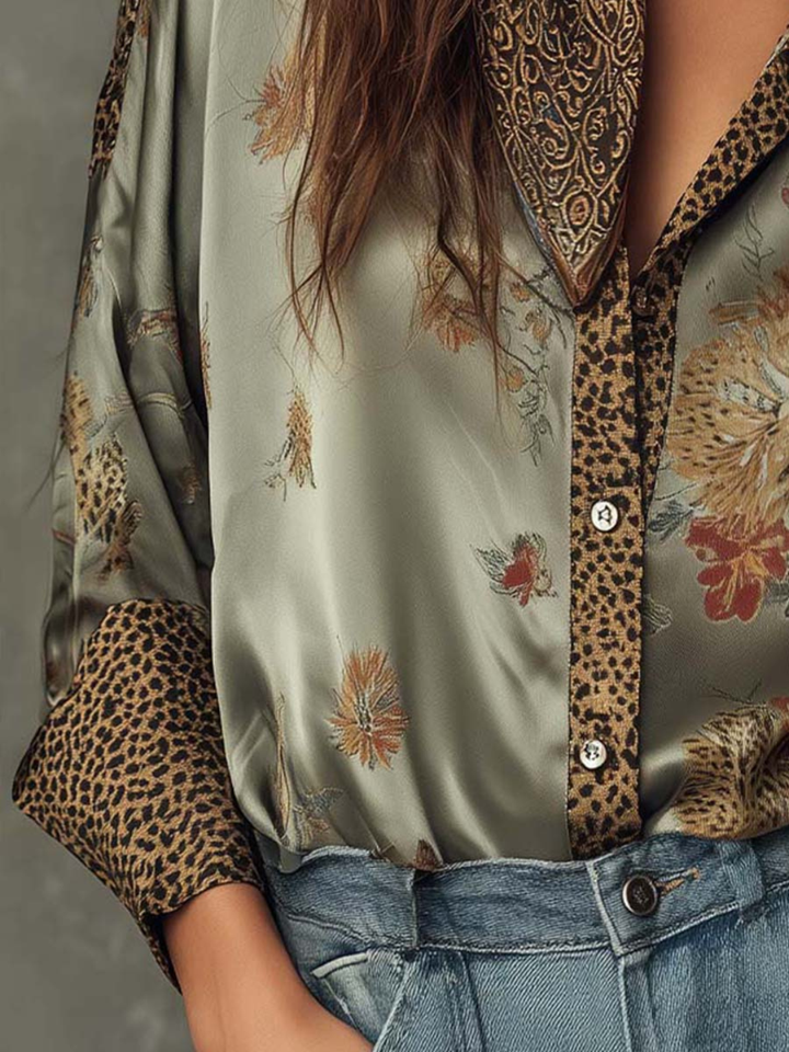 Adriana Sage Floral Satin Resort Blouse