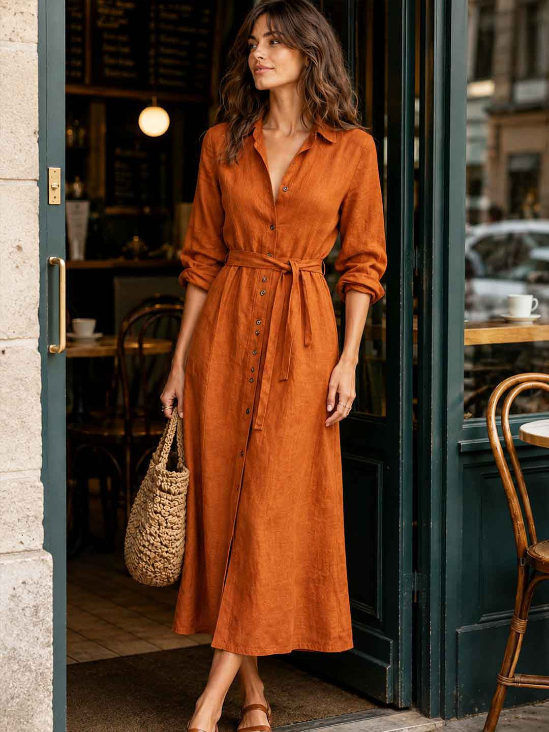 Mara Rust Button-Front Belted Maxi Dress