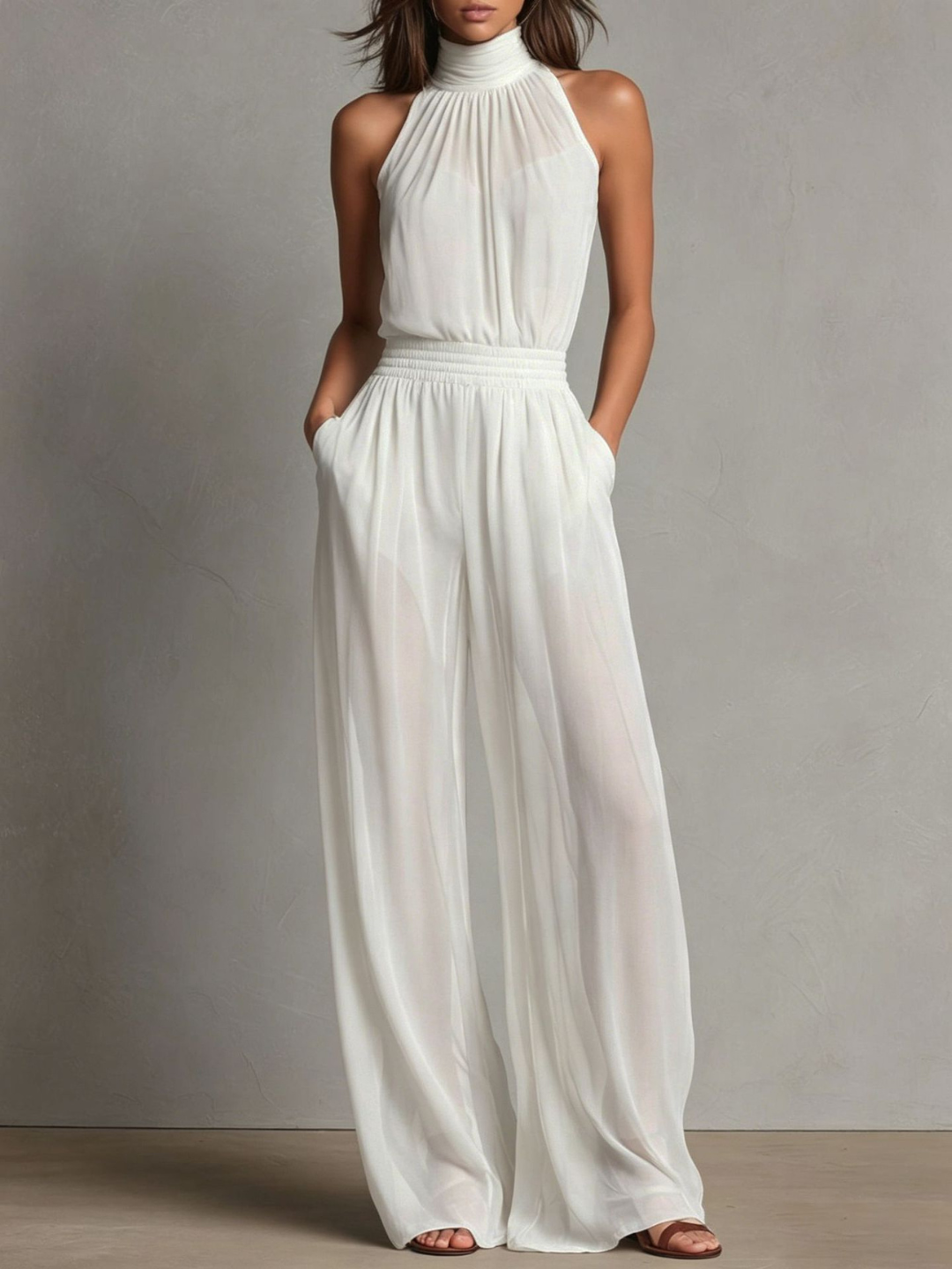 Anika Black Halter Pants Set - White