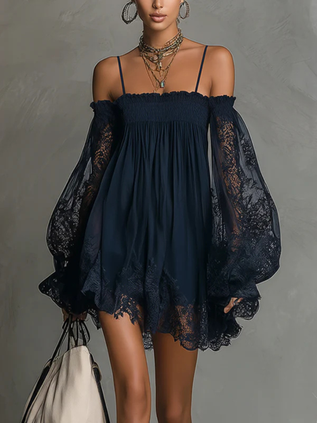 Sabina Navy Lace Off-Shoulder Mini Dress