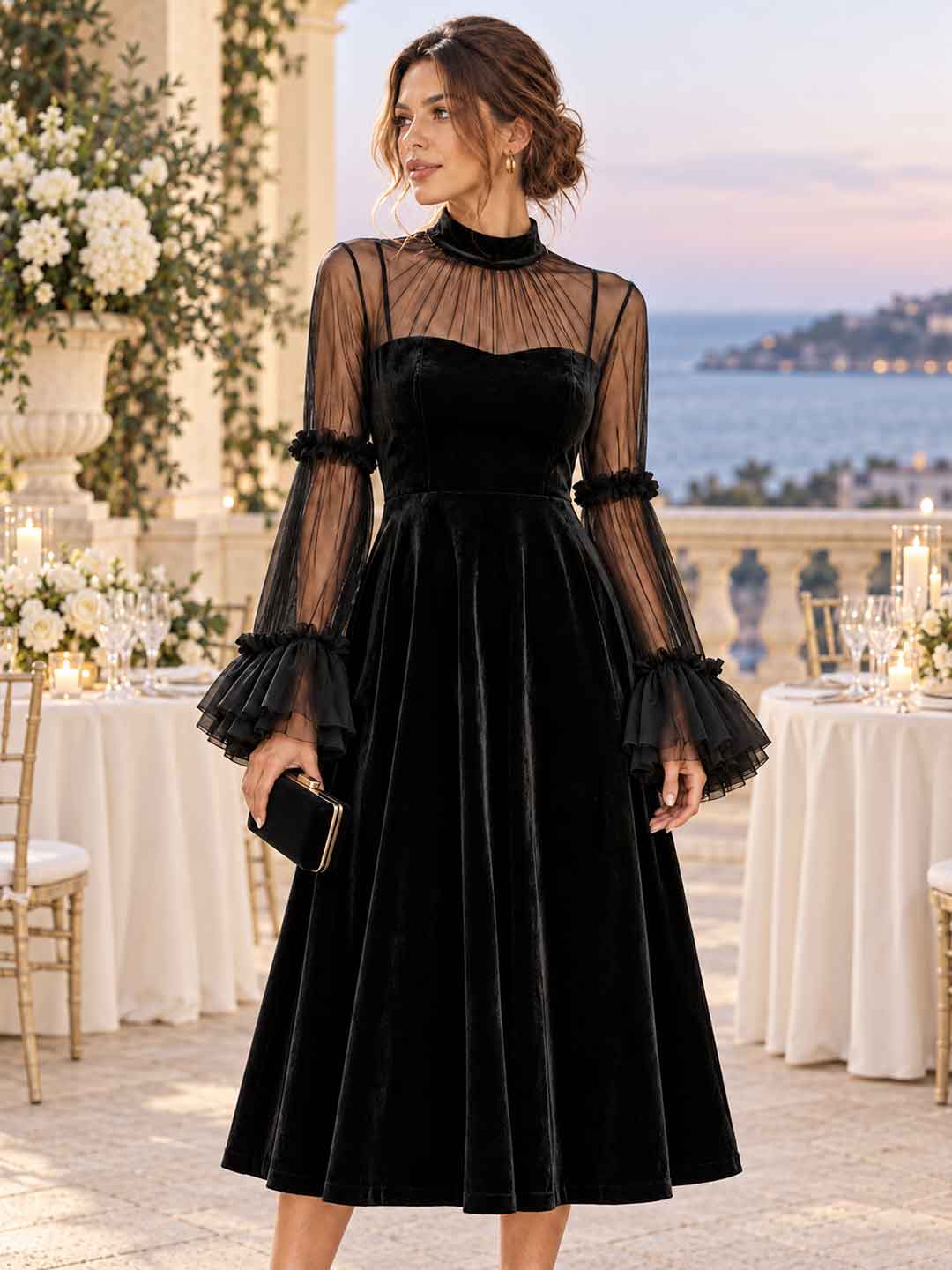 Nocturne Tiered-Sleeve Maxi Dress
