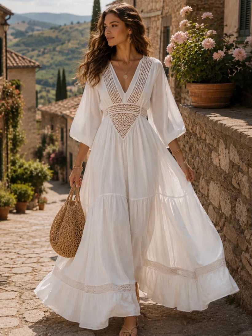 Soleil White Crochet-Inset Bell-Sleeve Maxi Dress