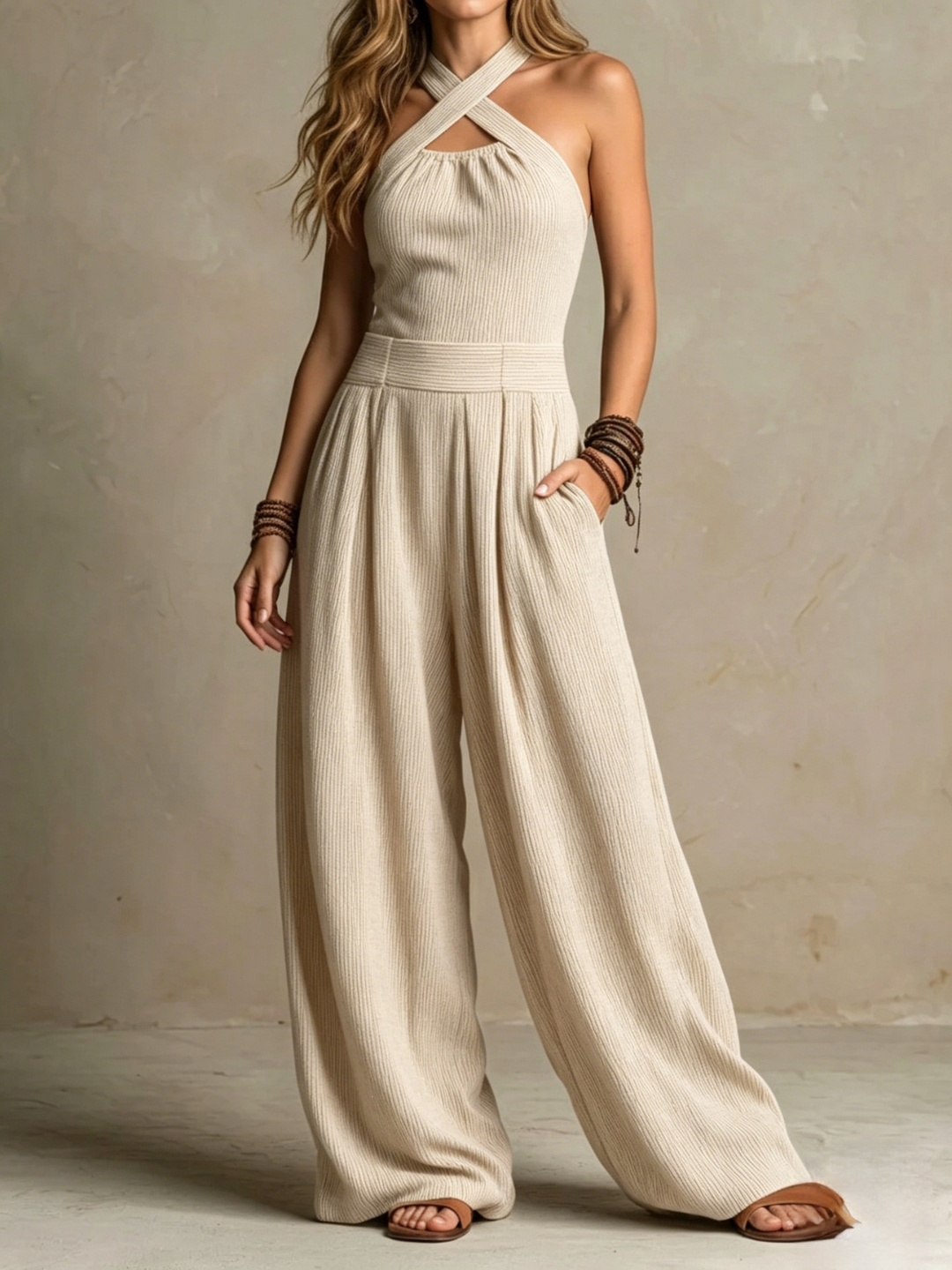 Giulia  Boho Charcoal Crisscross Halter Pinstripe Wide-Leg Jumpsuit