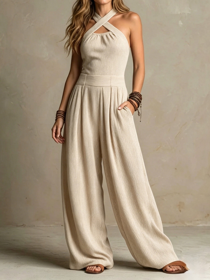 Giulia  Boho Charcoal Crisscross Halter Pinstripe Wide-Leg Jumpsuit