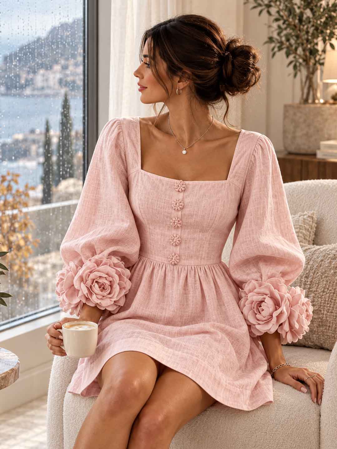 Rosella Floral-Cuff Square-Neck Mini Dress - Pink