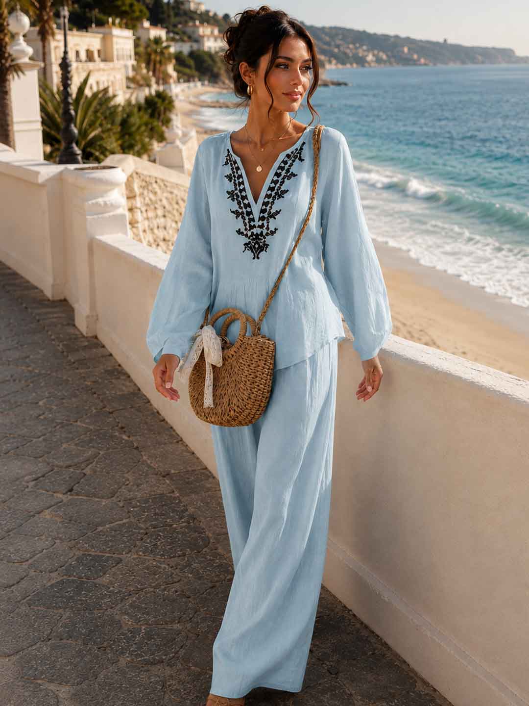 Amara Vintage Print Relaxed Pants Set - Sky Blue