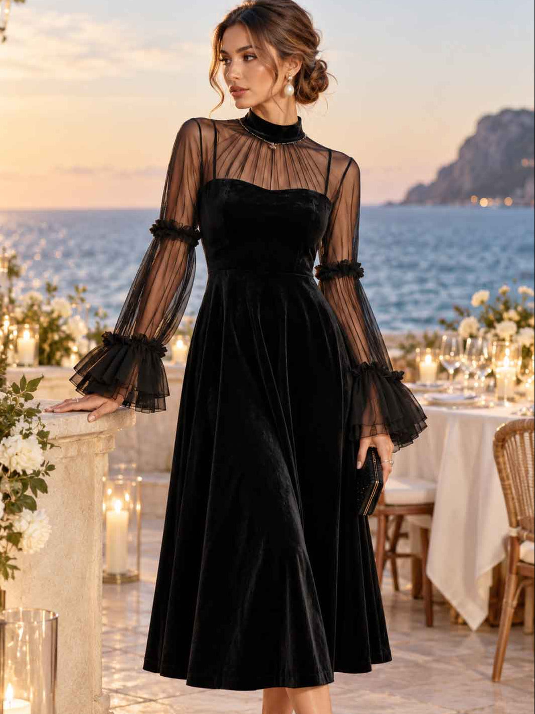 Nocturne Tiered-Sleeve Maxi Dress