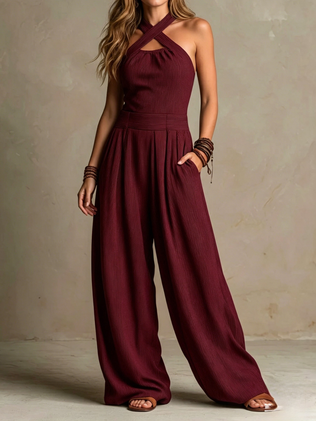 Giulia  Boho Charcoal Crisscross Halter Pinstripe Wide-Leg Jumpsuit