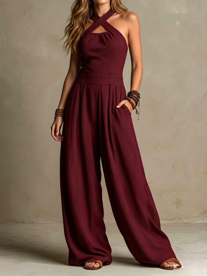 Giulia  Boho Charcoal Crisscross Halter Pinstripe Wide-Leg Jumpsuit