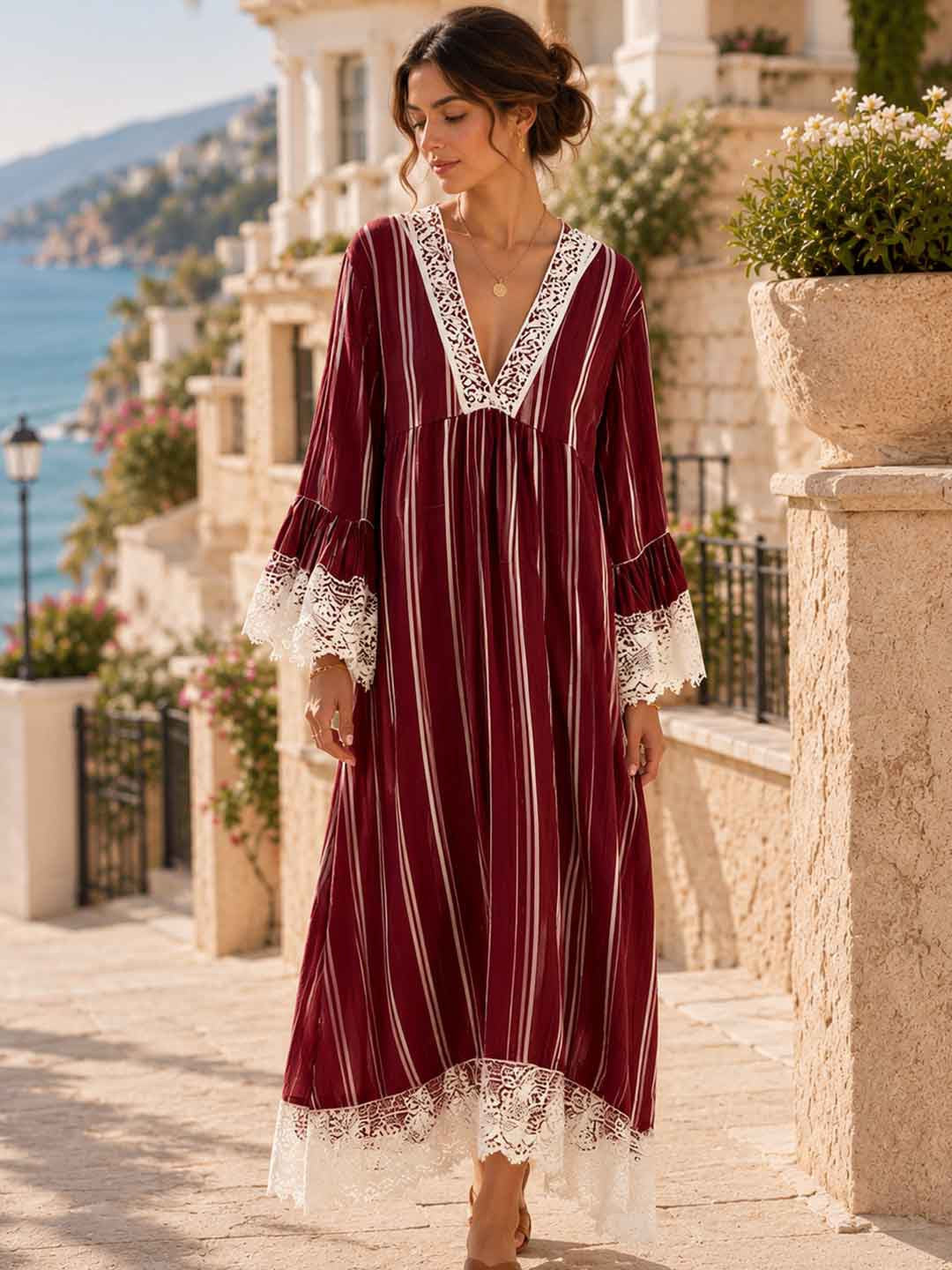 Soleil Red Lace-Trim Caftan Maxi Dress