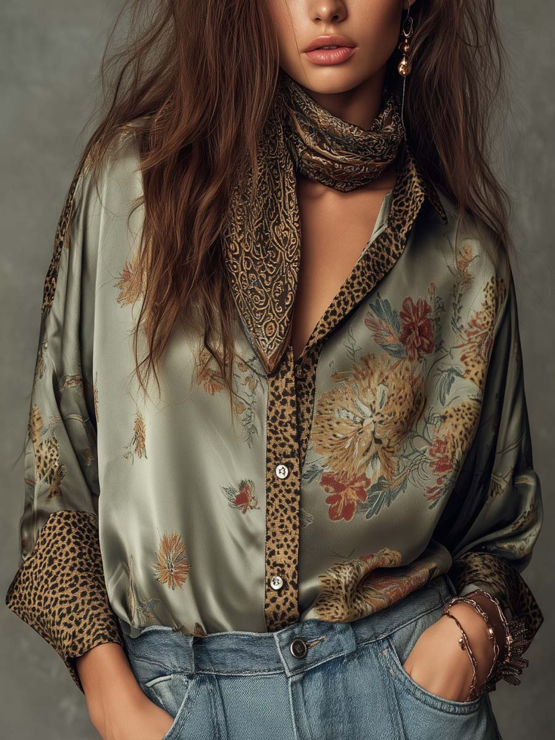 Adriana Sage Floral Satin Resort Blouse