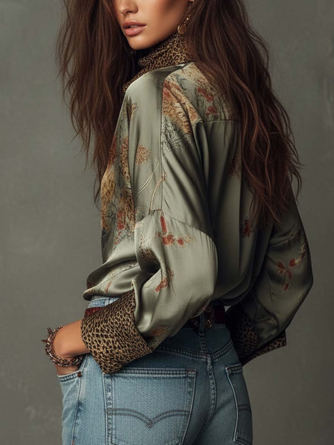 Adriana Sage Floral Satin Resort Blouse