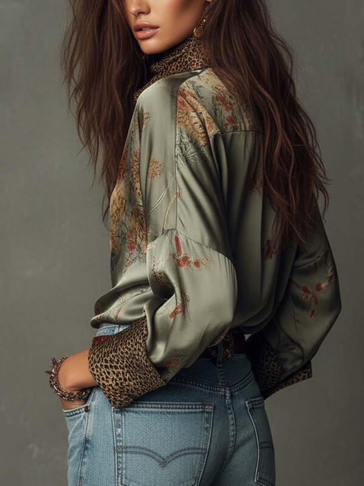 Adriana Sage Floral Satin Resort Blouse