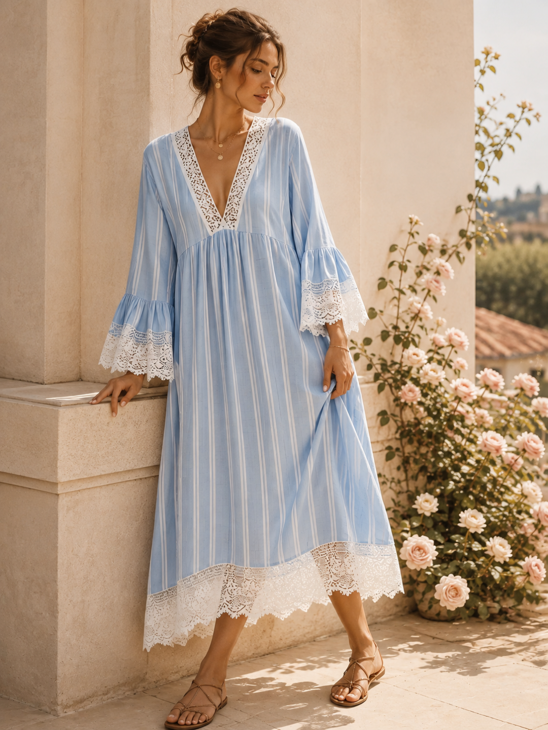 Soleil Red Lace-Trim Caftan Maxi Dress