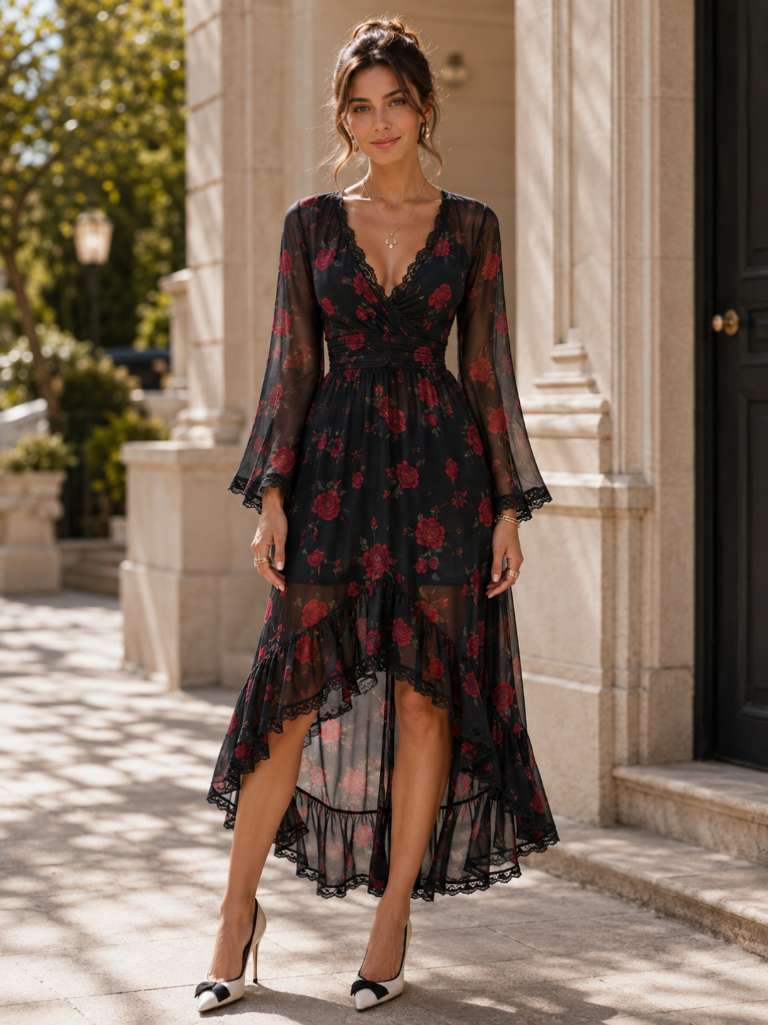 Cora Black Red Floral High-Low Maxi Dress