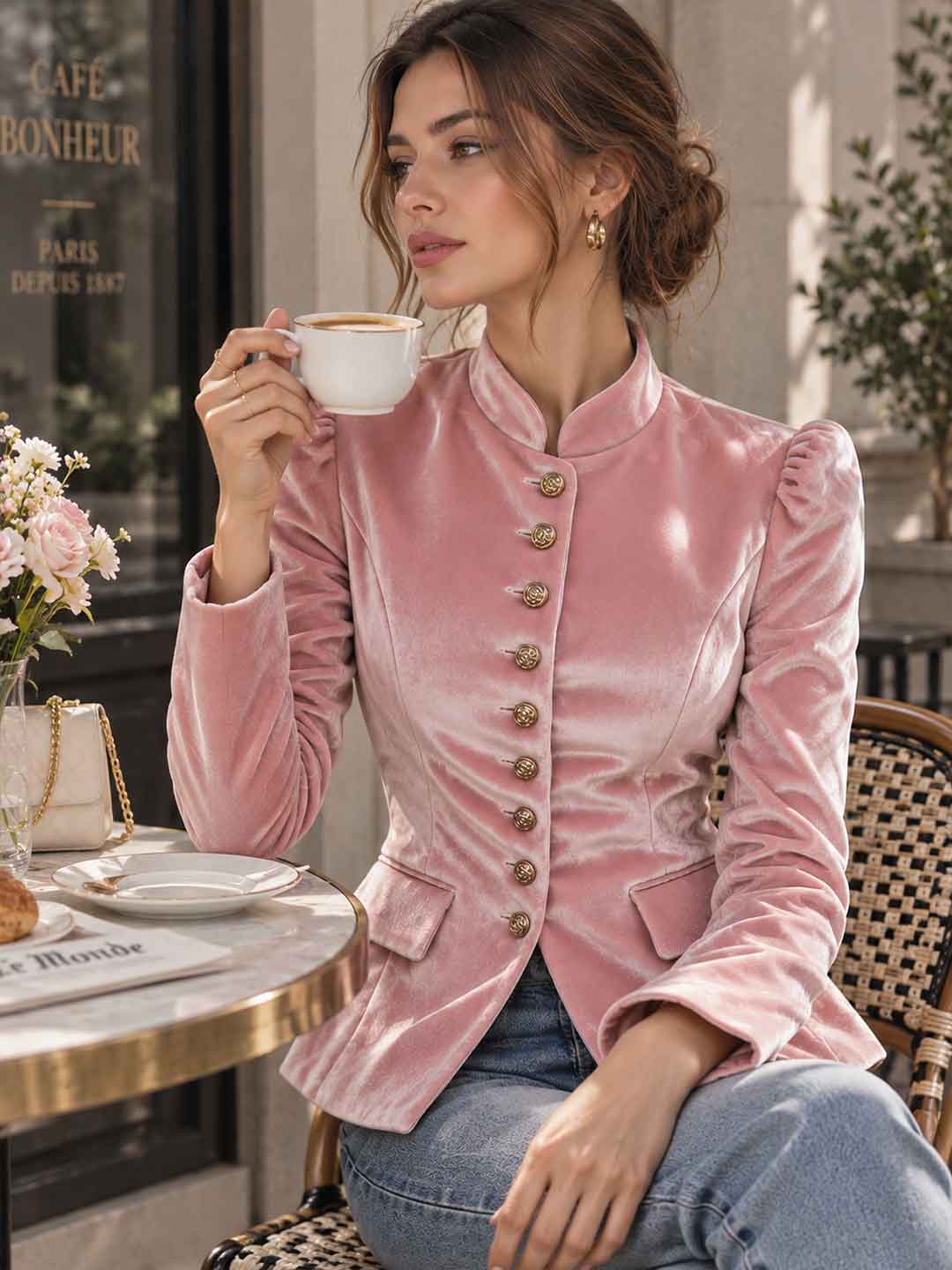 Marcella Pearl-Button Peplum Blazer