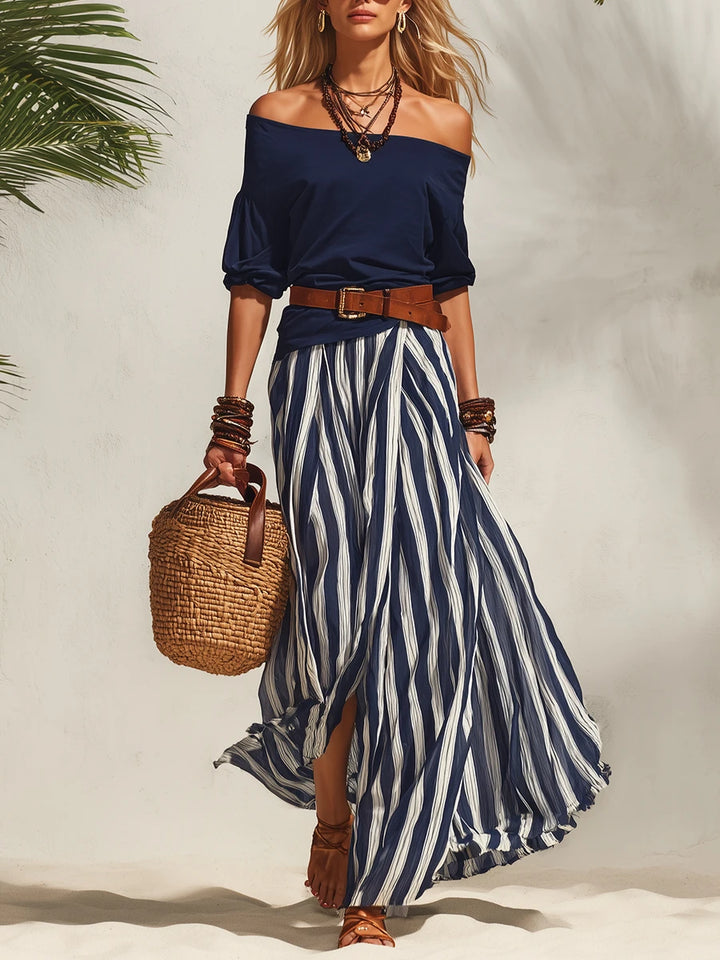 Bella Black Stripe Off-Shoulder Skirt Set