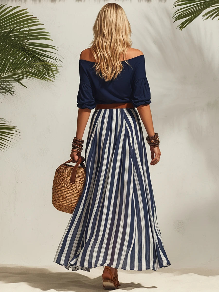 Bella Black Stripe Off-Shoulder Skirt Set