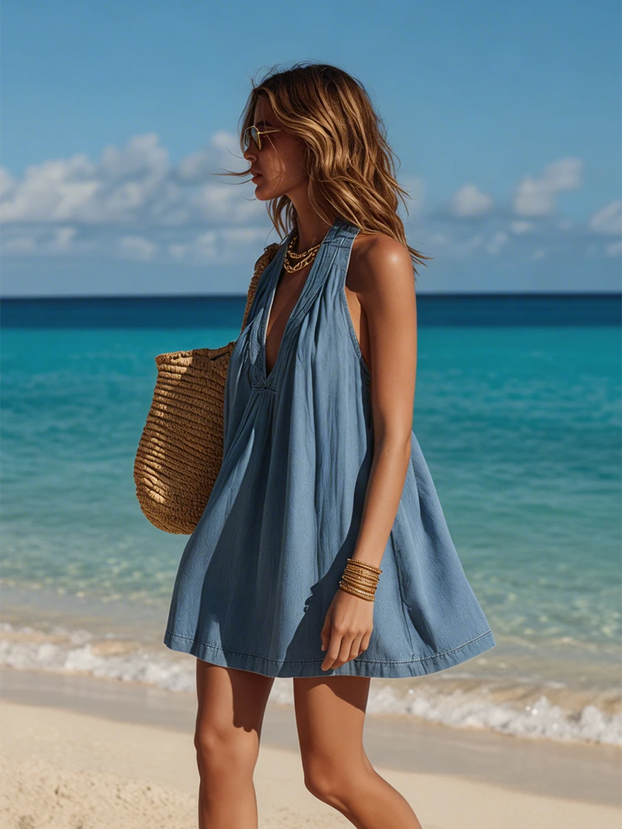 Ilaria Denim Blue Halter Mini Dress