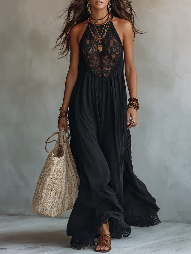 Alessia Black Lace Halter Maxi Dress