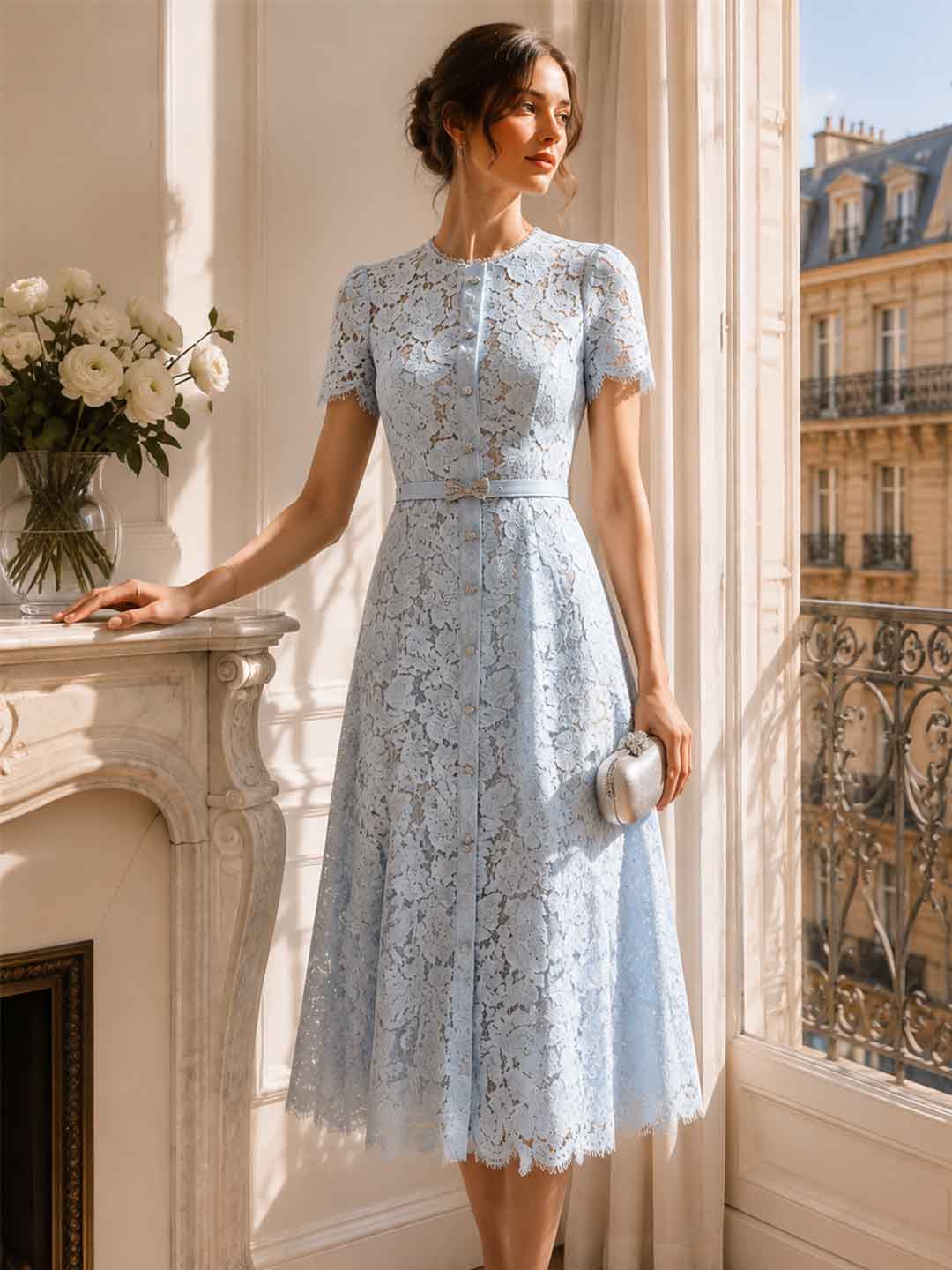 Mirella Lace Short-Sleeve Maxi Dress - Sky Blue