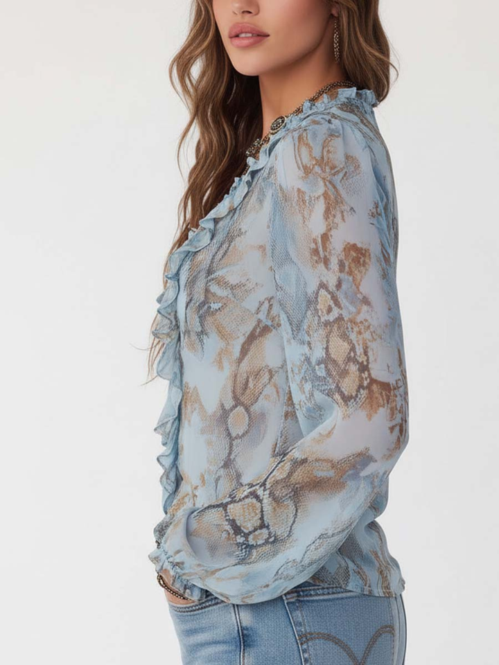 Lena Ruffled Zip-Front Chiffon Blouse In Serene Blue Print