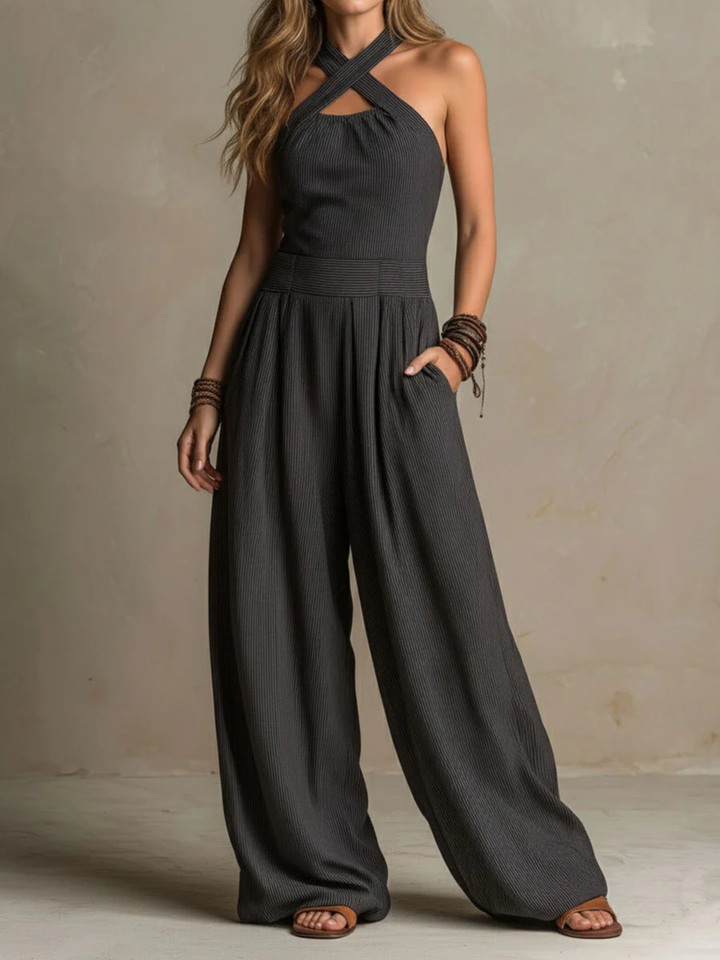 Giulia  Boho Charcoal Crisscross Halter Pinstripe Wide-Leg Jumpsuit