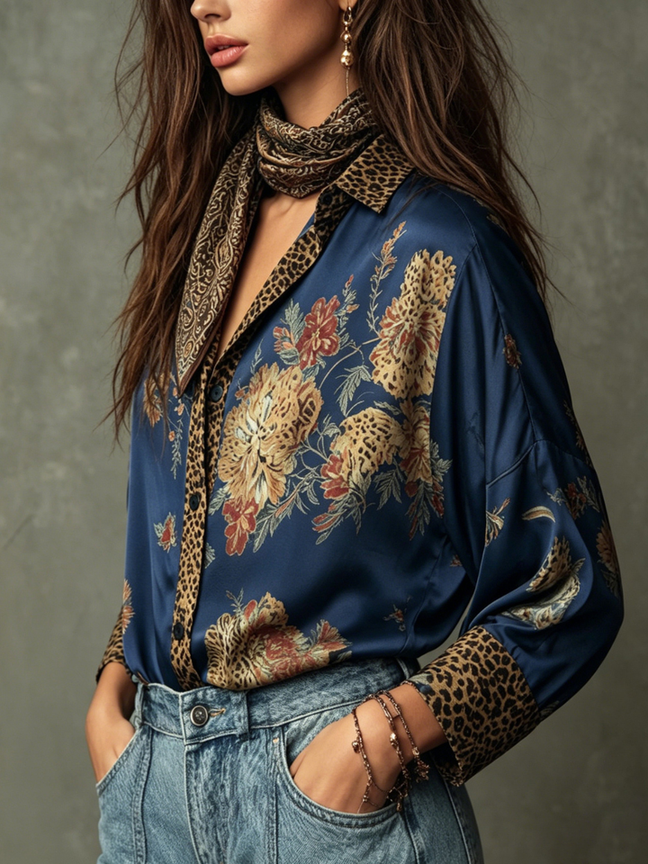 Adriana Sage Floral Satin Resort Blouse