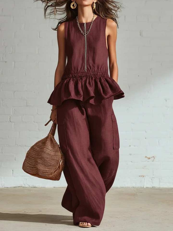 Thea Burgundy Peplum Pants Set