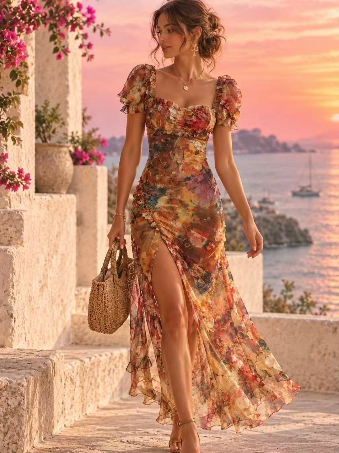 Isola Orange Botanical Puff-Sleeve Maxi Dress