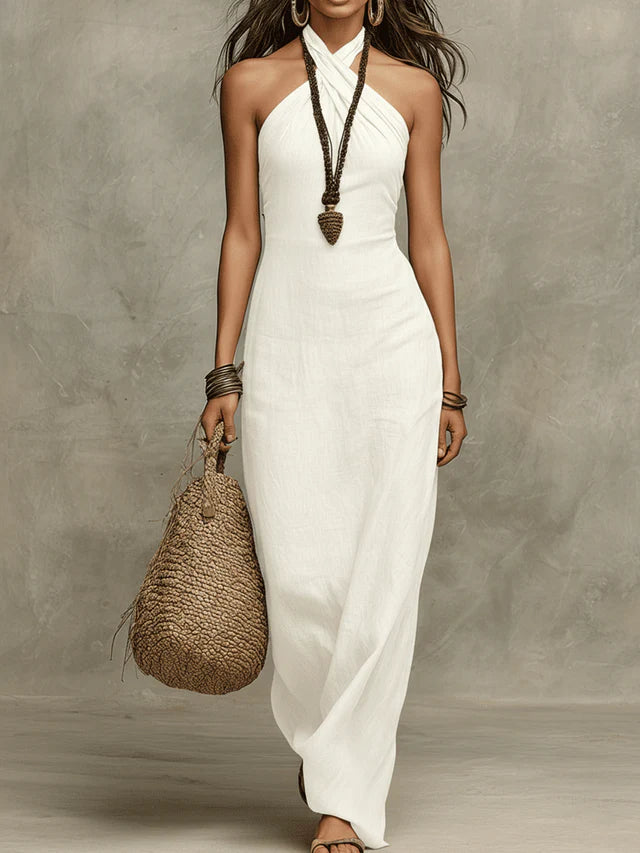 Sofia Sand Halter Maxi Dress - White