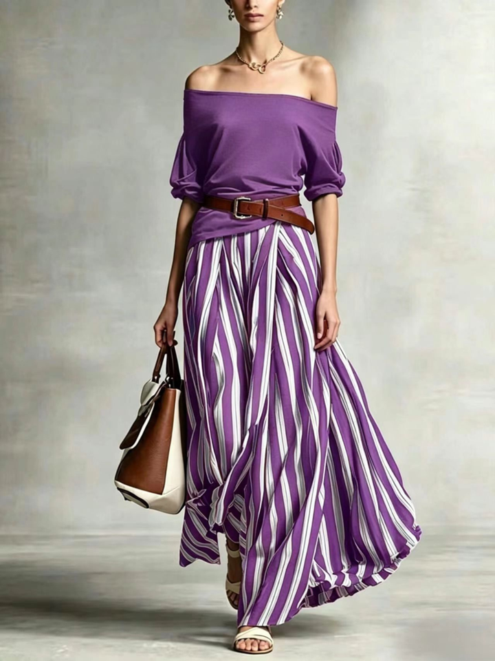 Bella Black Stripe Off-Shoulder Skirt Set