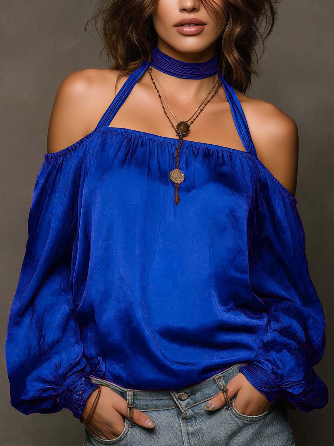Chiara Rust Brown Off-Shoulder Resort Blouse
