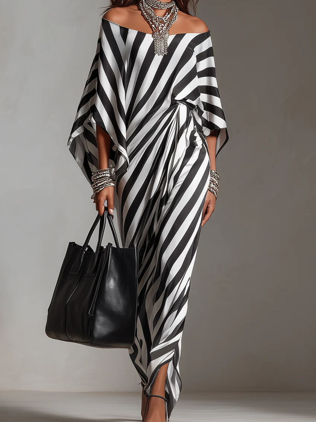 Vivienne Statement Monochrome Stripe Asymmetric Maxi Dress