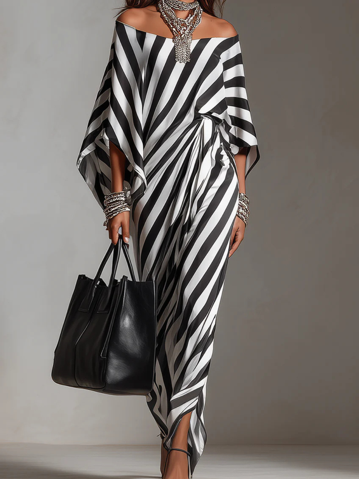 Vivienne Statement Monochrome Stripe Asymmetric Maxi Dress