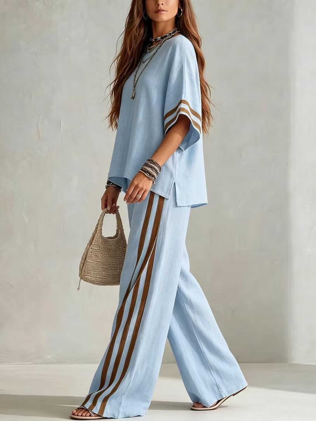 Sofia Sky Blue Stripe Relaxed Pants Set