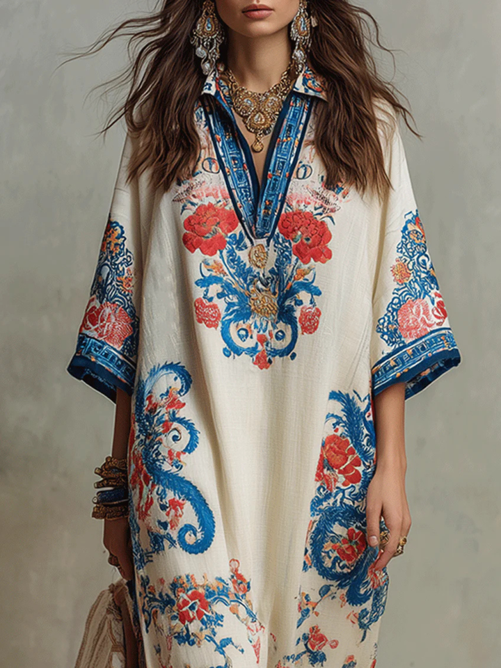 Florence Ivory Blue Embroidered Kaftan Dress