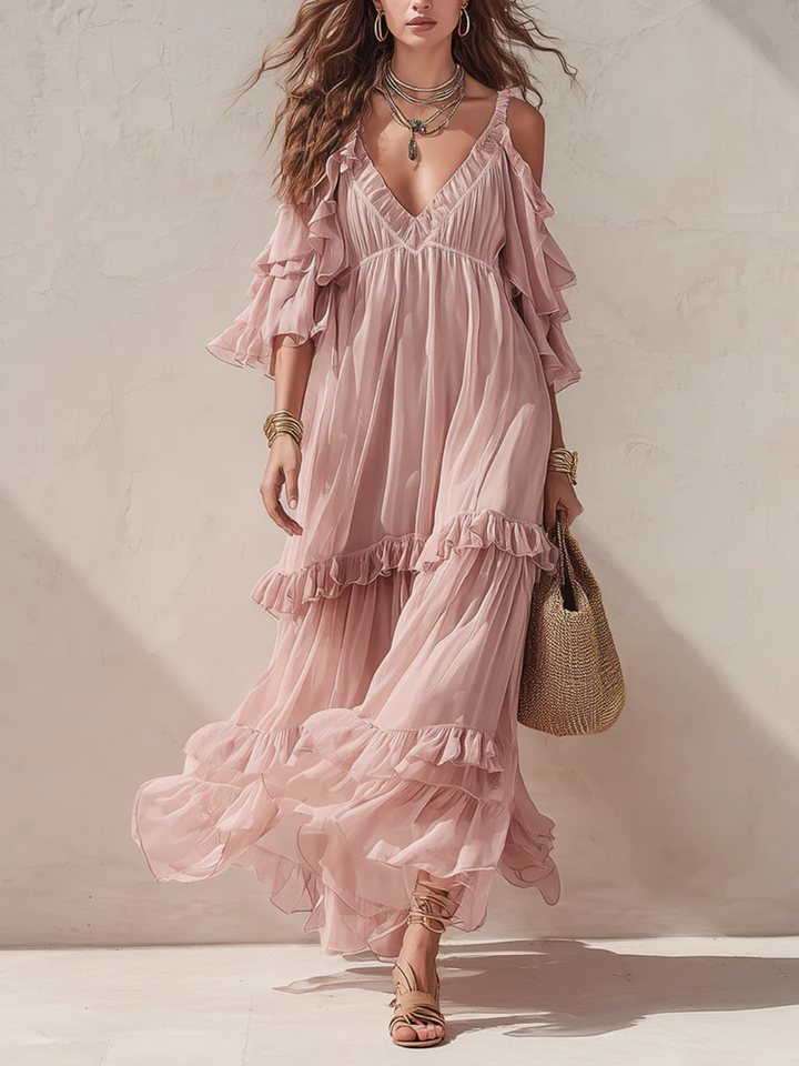 Bianca Blush Pink Ruffle Maxi Dress