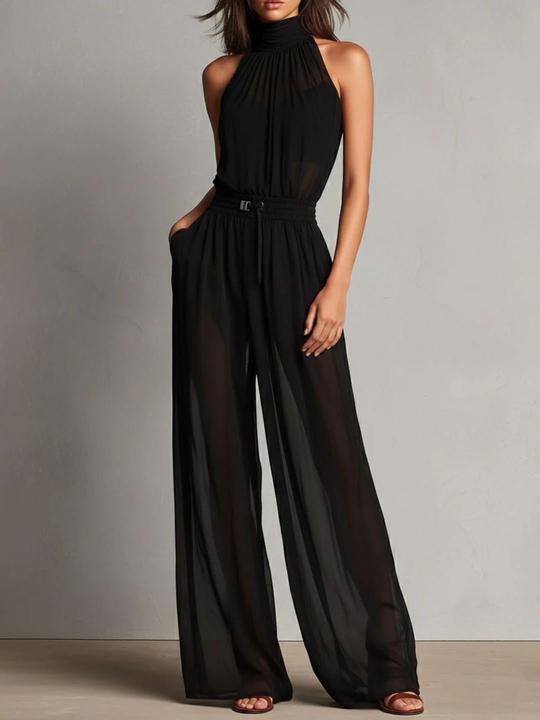 Anika Black Halter Pants Set - White