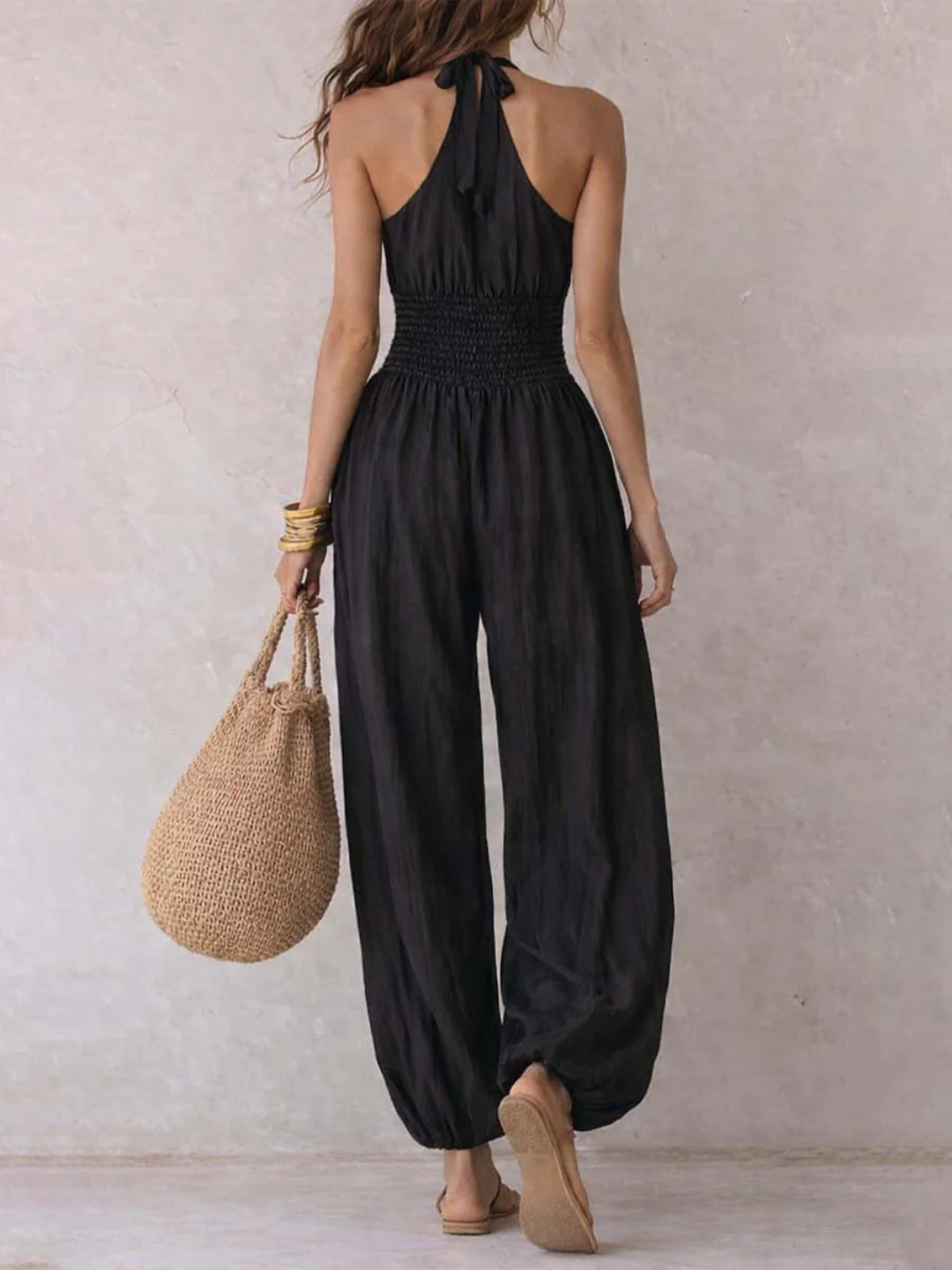 Selene Bohemian Halter Keyhole Balloon-Leg Jumpsuit - White