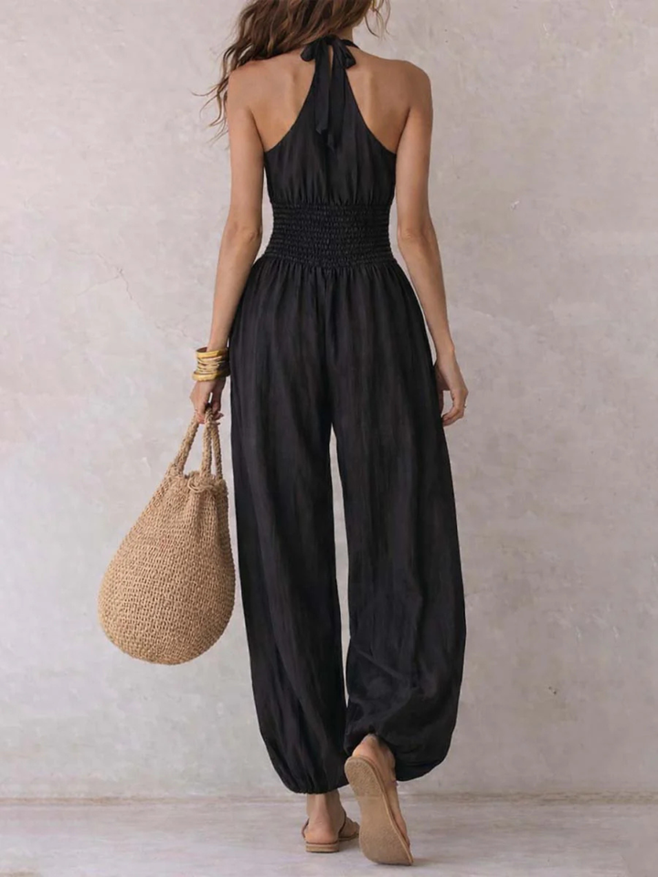 Selene Bohemian Halter Keyhole Balloon-Leg Jumpsuit - White