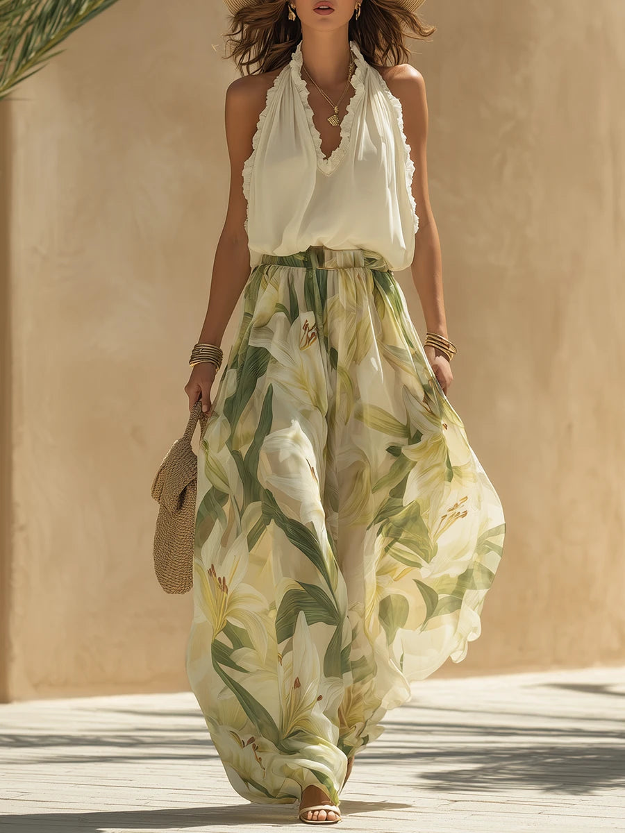 Ayla Ivory Green Floral Resort Pants Set