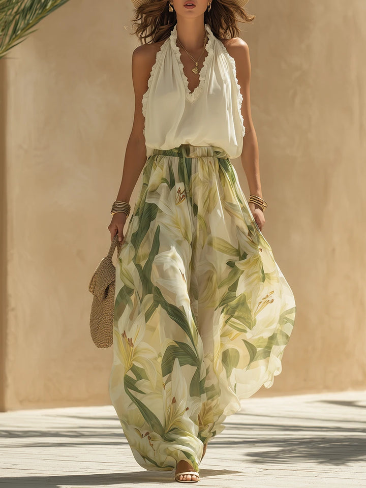Ayla Ivory Green Floral Resort Pants Set