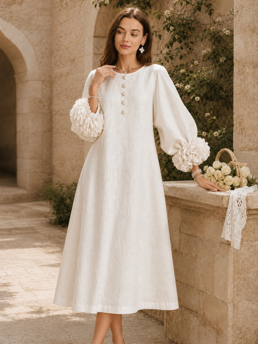Paloma Puff-Sleeve Button Midi Dress