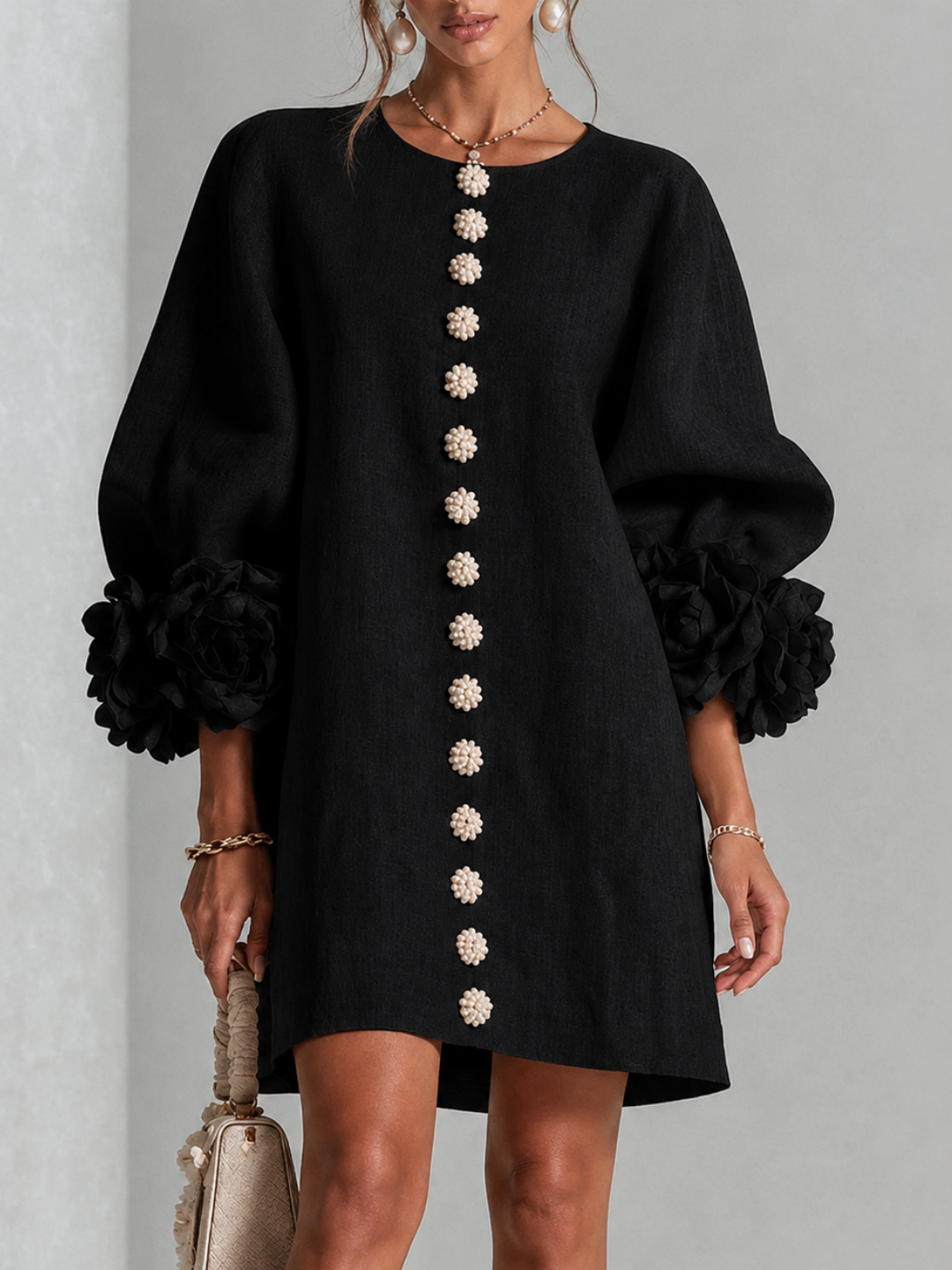 Rosalia Mint Floral-Cuff Button Mini Dress