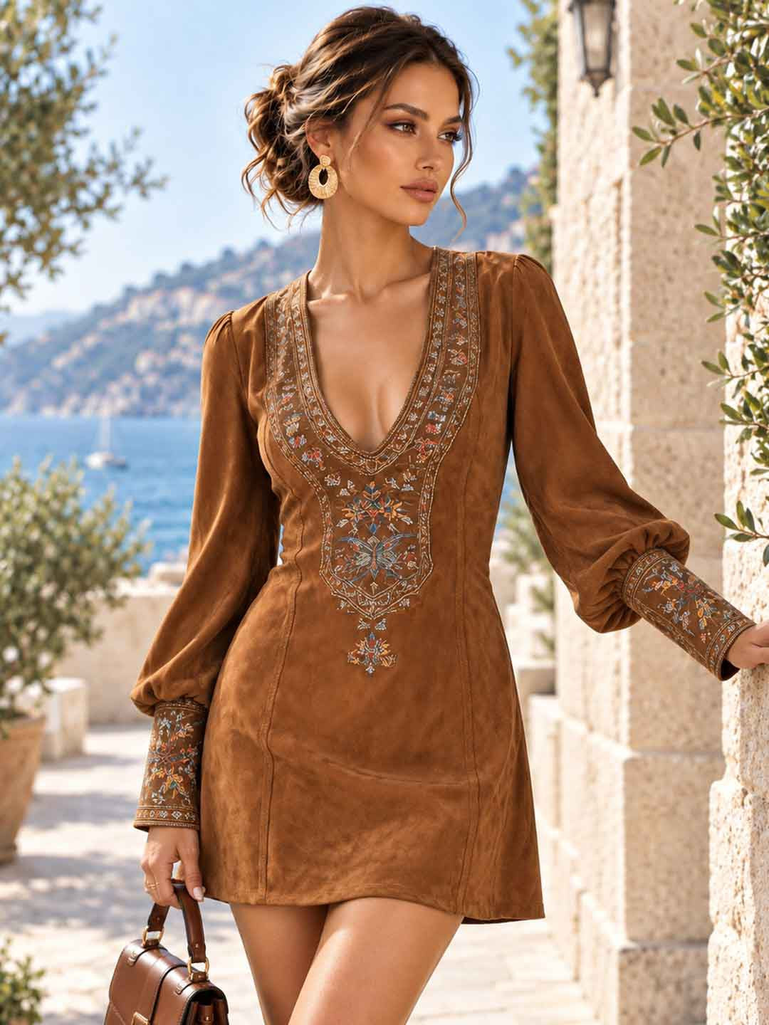 Terra Cocoa Embroidered Tunic Mini Dress
