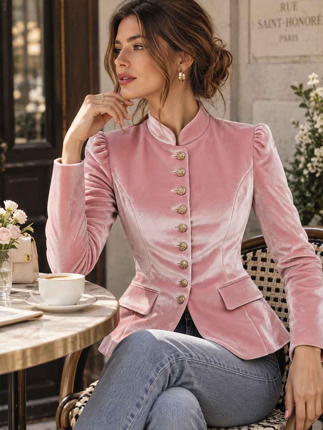 Marcella Pearl-Button Peplum Blazer