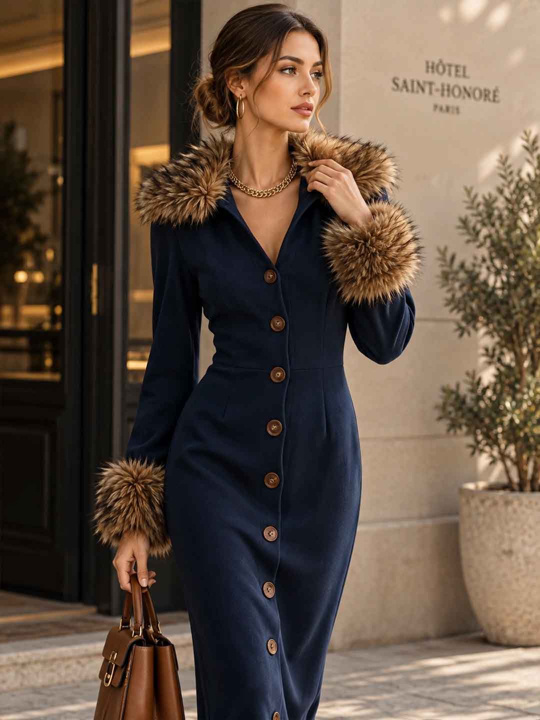 Navy Fitted Midi Dress With Fluffy Trim